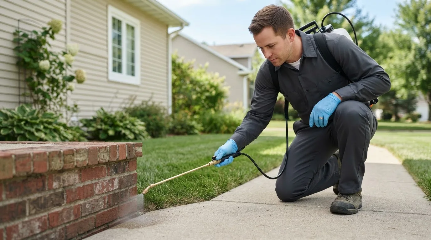 Pest control technician treating a home near Strang, NE