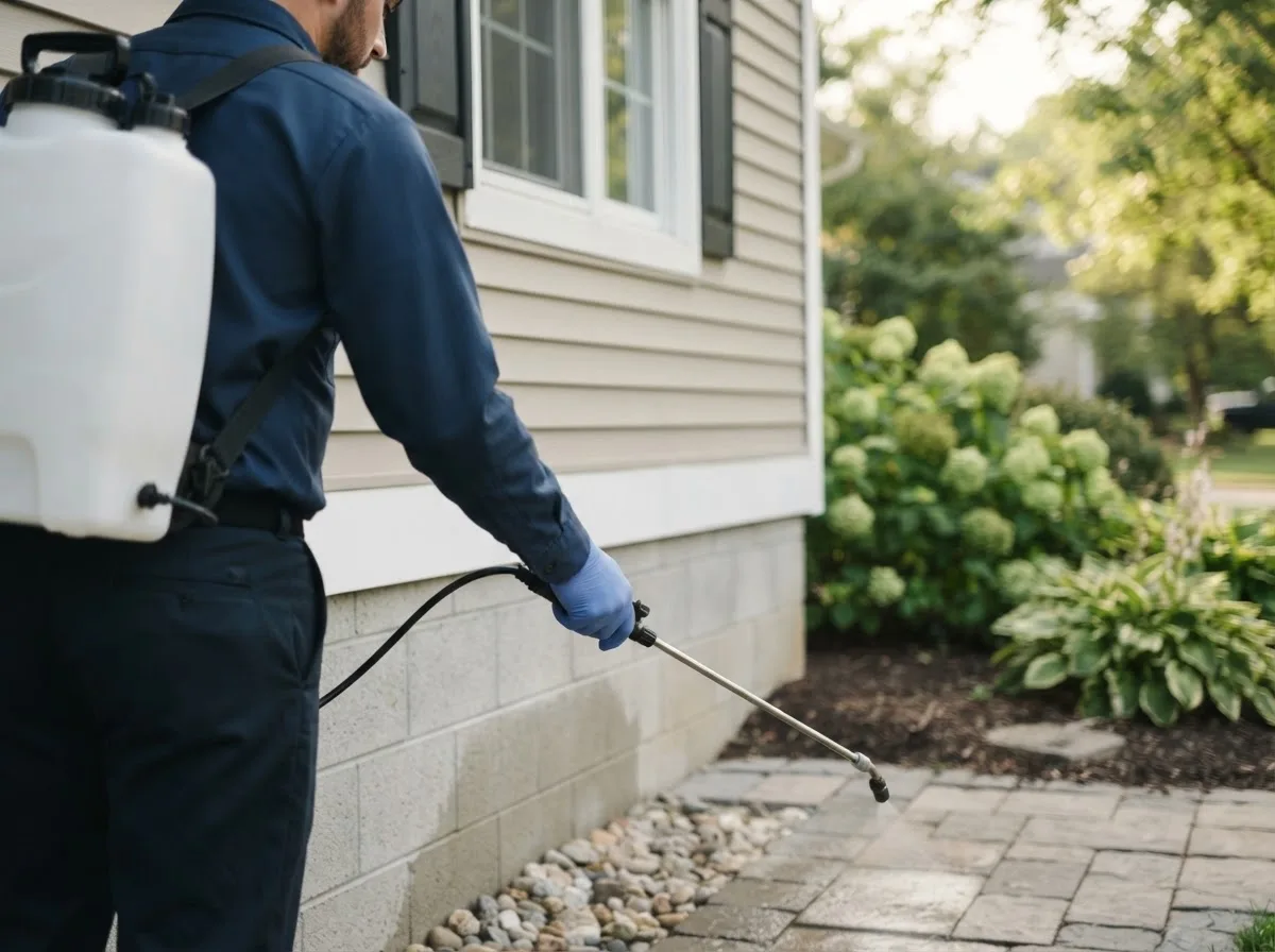Pest control technician inspecting a home in Strang, NE